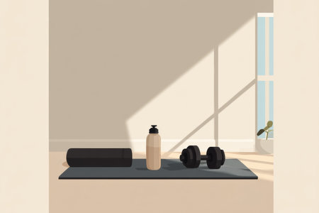 This serene home gym area showcases a workout mat, a pair of dumbbells, and a water bottle, all illuminated by soft natural light streaming in.の素材