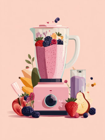 Brightly colored fruits are being blended into a smoothie, showcasing strawberries, blackberries, and bananas in a vibrant kitchen setting.の素材
