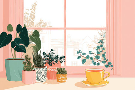 Springtime sunlight streams through a window adorned with vibrant potted plants and a cheerful yellow cup of tea inviting relaxation indoors.の素材