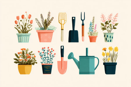 Various colorful potted flowers and gardening tools are displayed in a clean layout, perfect for inspiration in creating a vibrant garden at home.の素材