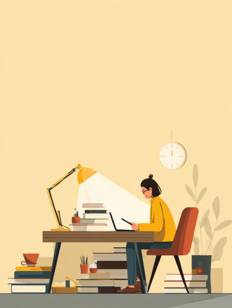 A student focused on online learning using a tablet sits at a desk cluttered with books and a desk lamp, illuminated by overhead light in a cozy study space.の素材