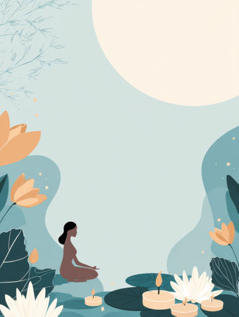 A woman meditates peacefully among floating candles and blooming flowers under a large, glowing moon during a tranquil evening setting.の素材