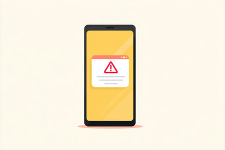 Warning notification appears on a smartphone display, obstructing the view, with a gentle soft upper margin contributing to the overall layout.の素材