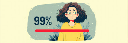 A character wearing a yellow sweater displays anxiety as a loading bar stuck at ninety-nine percent looms above. The left layout has a faded appearance.の素材