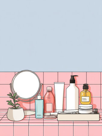 A minimal layout featuring various skincare products and a round mirror on a pink tiled surface, presenting a simple yet elegant skincare routine setup.の素材