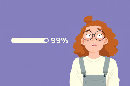 Illustration features a character displaying anxiety while looking at a loading bar stuck at 99 percent against a soft purple backdrop.の素材
