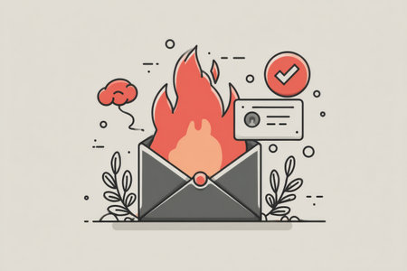 Flames erupt from an envelope while a notification symbol indicates blocked friendly messages, illustrating a digital firewall concept.の素材