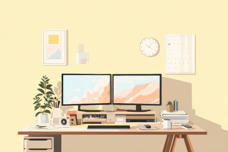 Workspace designed with dual monitors, clean lines, and tasteful decor. Green plants and organized stationery create an inspiring and productive environment.の素材