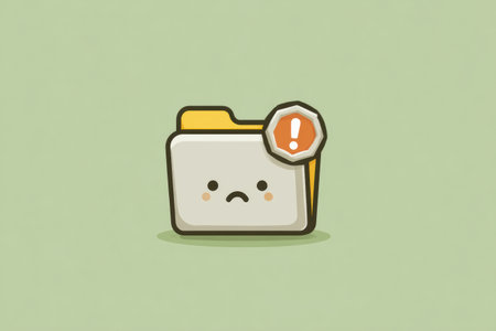 Illustration features a folder icon with a cartoon sad face and an error badge, symbolizing a problem or issue within a digital context.の素材
