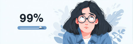 A loading bar shows 99 percent complete while a character with glasses displays an anxious expression against a soft, blurred background, reflecting impatience.の素材