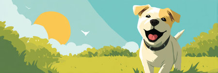 Cheerful dog plays joyfully in a sunny yard surrounded by lush grass and greenery under a clear blue sky with a shining sun.の素材