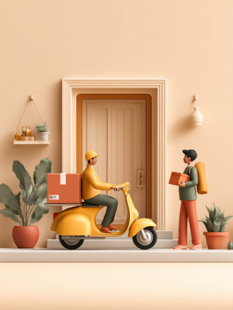 Delivery person arrives at a home with a subscription box, standing next to a scooter while a recipient waits at the front door, enjoying a sunny atmosphere.の素材