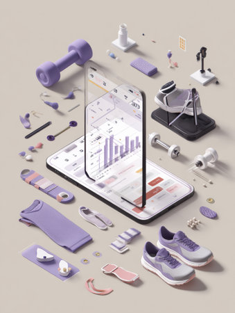 Illustration shows a fitness tracker app with gym gear, highlighting a health-focused lifestyle and digital fitness management.の素材