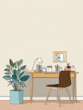 Elegant home office reflects a minimalist design with a well-organized desk, task planner, and leafy plant, creating a serene workspace for productivity.の素材