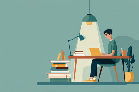 A student engages with a tablet at a tidy desk, lit by a lamp, with books and a plant, fostering a productive learning environment.の素材