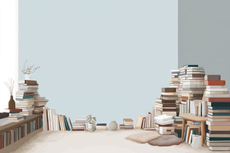 A home library showcases an inviting atmosphere with stacks of books arranged throughout the room and an open space perfect for reading and relaxation.の素材