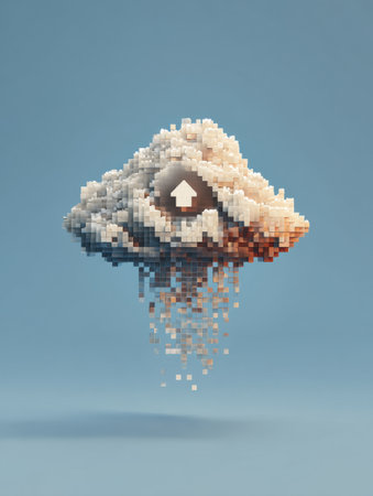 A pixelated cloud with a broken upload icon displays a soft upper structure and dispersing pixels, highlighting digital disruption.の素材
