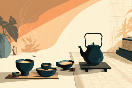 Calm colors create a peaceful atmosphere for a tea ceremony setup featuring steaming cups and a teapot, enhancing the tranquil ambiance.の素材
