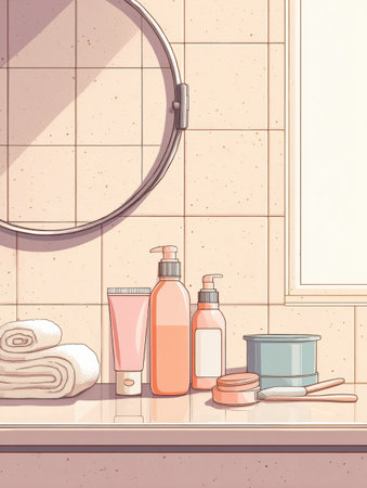 Setup includes neatly arranged skincare products, soft towels, and a round mirror, creating an inviting and calming bathroom atmosphere for self-care.の素材