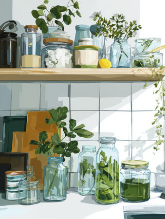 A bright kitchen features glass containers of fresh greens and herbs, highlighting an eco-friendly and organized lifestyle.の素材