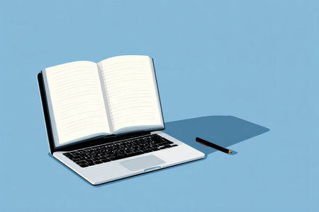 A minimalist tech desk showcases an open notebook alongside a laptop and a simple pencil, emphasizing a clean and organized workspace ideal for productivity.の素材