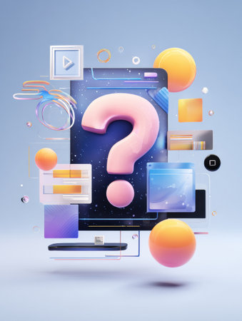 A question mark bounces around a lively interface filled with geometric shapes and vibrant colors, creating an engaging and visually appealing atmosphere.の素材