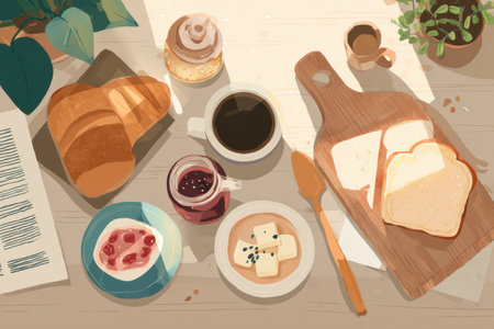Delight in the warmth of a morning bakery atmosphere filled with fresh bread, sweet jam, and a cup of rich coffee inviting everyone to enjoy breakfast together.の素材