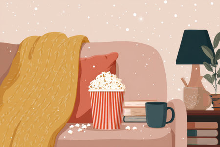 Enjoy a relaxing evening at home with popcorn, a warm blanket, and books, perfect for a cozy movie night.の素材
