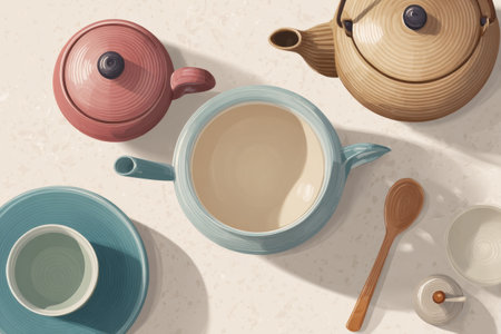 A modern tea set is arranged on a clean surface with an open container, inviting tea preparation and showing vibrant colors and smooth textures.の素材