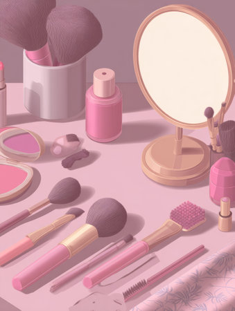 Vibrant makeup arrangement includes brushes, a mirror, and cosmetic products, showcasing a neat and chic layout ideal for beauty routines.の素材