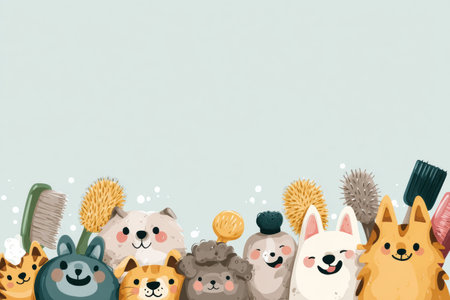 Colorful illustration of various happy animals celebrating pet grooming day with brushes, set against a clean background showing cheerful moments.の素材