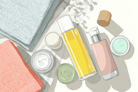 A flatlay showcasing various skincare products, including bottles and creams, alongside soft towels, creating a serene and inviting atmosphere.の素材