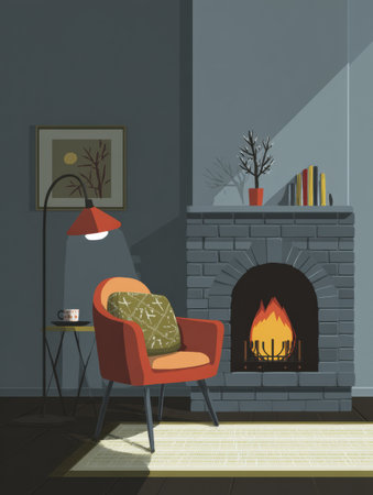 A warm ambiance created by a charming fireplace, accompanied by a comfortable chair and a reading light, perfect for enjoying a peaceful evening.の素材