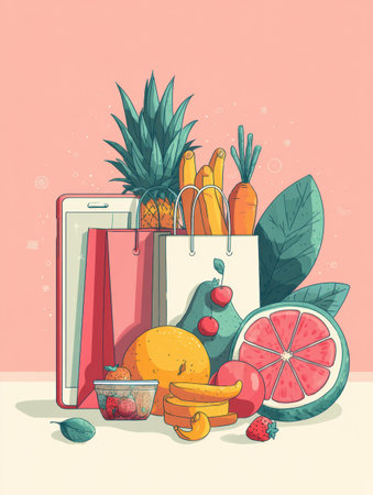A colorful illustration showcases online grocery shopping with a smartphone displaying fruits, shopping bags, and various fresh produce in a bright setting.の素材