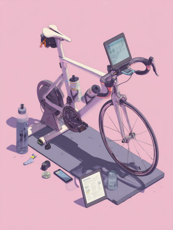 This indoor cycling setup showcases a stylish stationary bike with a tablet on display, water bottles close by, and a vibrant, well-lit environment.の素材