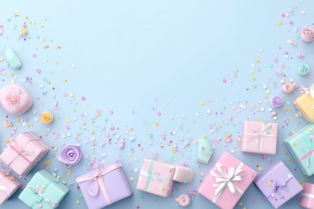 A pastel birthday celebration showcases wrapped gifts and colorful confetti on a blue backdrop, creating a festive vibe.の素材