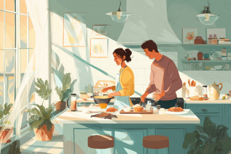 Two people are happily making breakfast in a sunlit kitchen, surrounded by plants, with an open layout that invites warmth and charm to the moment.の素材