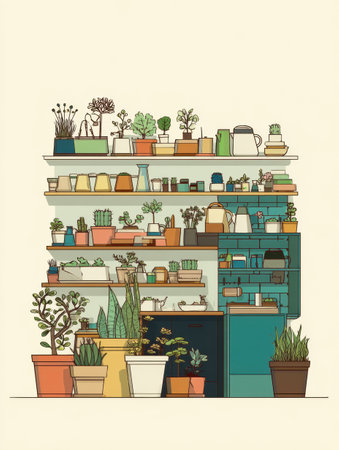 The illustration shows a colorful plant shop with diverse pots on shelves, creating a welcoming vibe for plant lovers.の素材