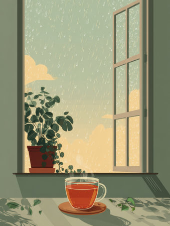 Raindrops slide down a window as a cup of warm tea sits on a sill next to a lush plant, evoking a peaceful, cozy environment during a rainy day.の素材