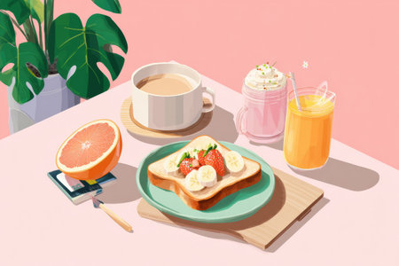 Delightful breakfast features toast adorned with banana and strawberry, complemented by smoothies and coffee in a cheerful, light-hued environment.の素材