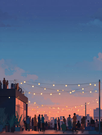 Rooftop gathering features guests mingling under glowing string lights, with a beautiful sunset illuminating the sky in warm colorsの素材