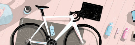 Indoor cycling setup includes a bike, tablet, and water bottles arranged neatly in a light-filled space designed for effective workouts.の素材