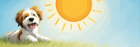 A cheerful dog relaxes in a sunny yard, showcasing its playful spirit while basking in the warm sunshine, surrounded by lush grass and clear skies.の素材