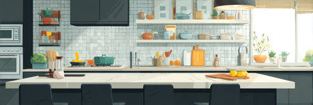 Cook is preparing food in a contemporary kitchen filled with natural light, featuring sleek cabinetry and organized shelves of utensils and ingredients.の素材