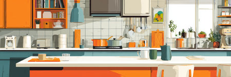 Cooking preparations take place in a modern kitchen filled with vibrant colors, with clear space above for showcasing culinary inspirations.の素材