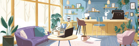A charming cafe corner features inviting coffee steam rising from cups, an open laptop, and a warm atmosphere perfect for work or leisure during the day.の素材