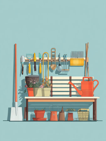 Garden tools are organized on a shed bench, showcasing a minimal layout. Pots and watering cans are ready for planting activities in a tidy space.の素材