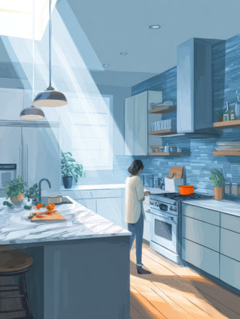 Bright and airy kitchen features a person cooking with vibrant vegetables while sunlight floods the space, creating a cheerful atmosphereの素材