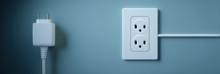 An electric plug is depicted not reaching a wall outlet in a contemporary room, showing a common problem with device connectivity in daily life.の素材