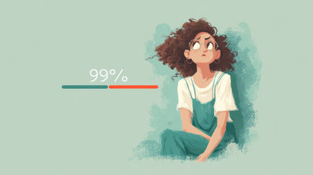 A character with curly hair expresses frustration as a loading bar is stuck at 99 percent, embodying the feeling of impatience and anxiety in a faded layout.の素材